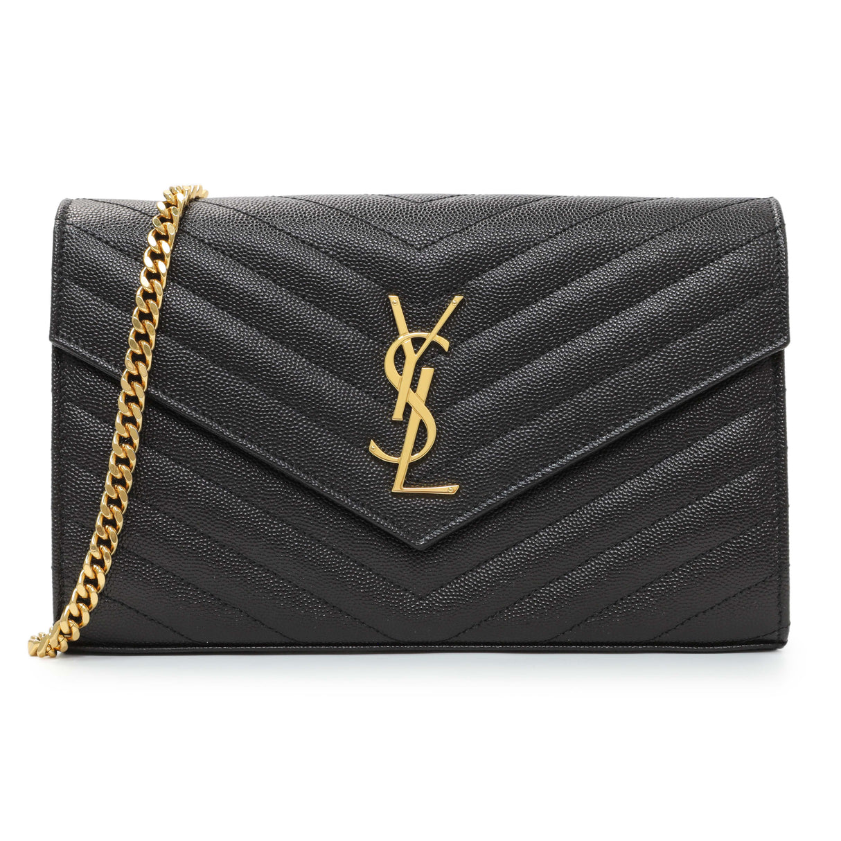 Saint Laurent Black Grain De Poudre Matelasse Chevron Monogram Chain Wallet Handbags Chanel