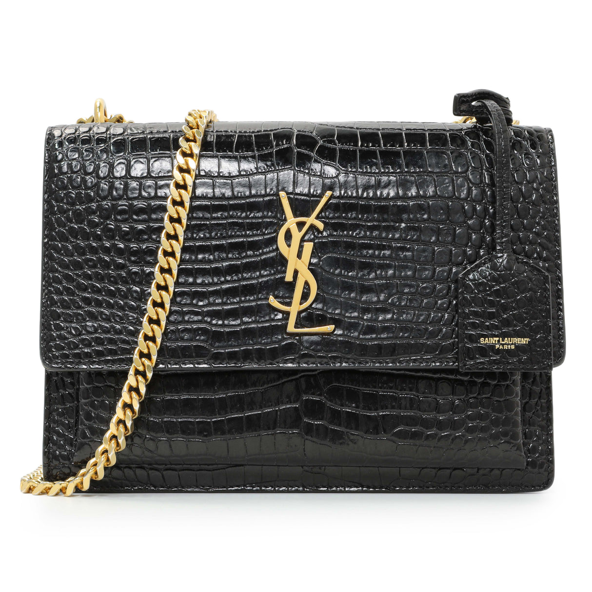Saint Laurent Black Crocodile Embossed Calfskin Medium Monogram Sunset Handbags Saint Laurent