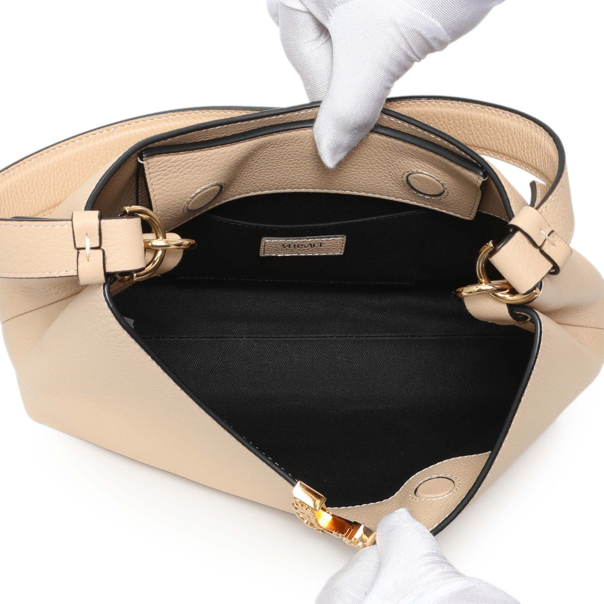 Versace Beige Grained Calfskin Virtus Hobo Handbags Versace