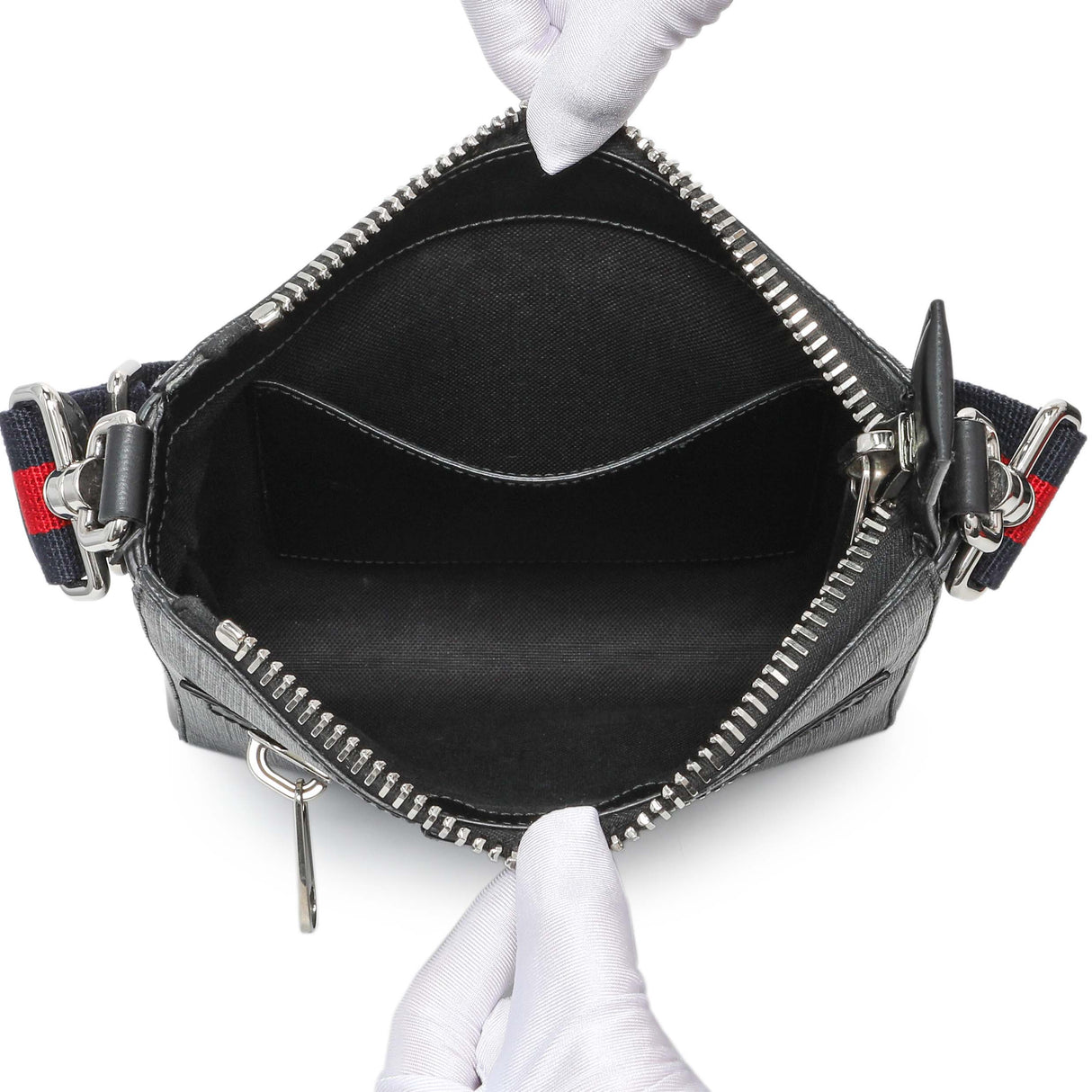 Gucci Black GG Supreme Monogram Web Small Flat Messenger Bag Handbags Gucci