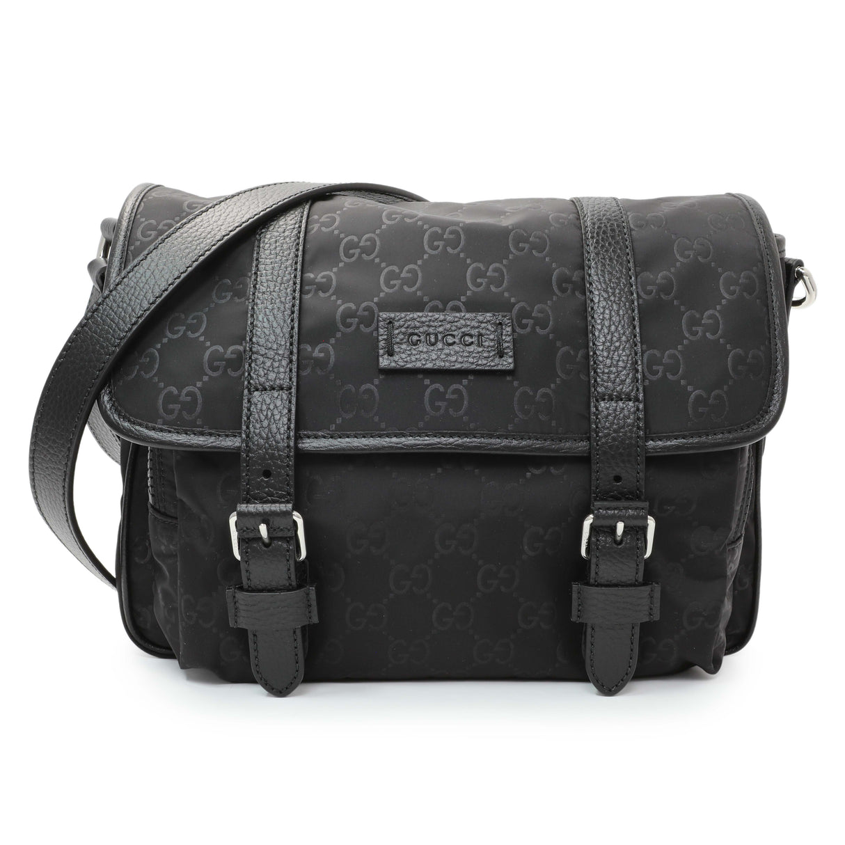 Gucci Black Nylon Monogram Double Buckle Flap Messenger Bag Handbags Gucci