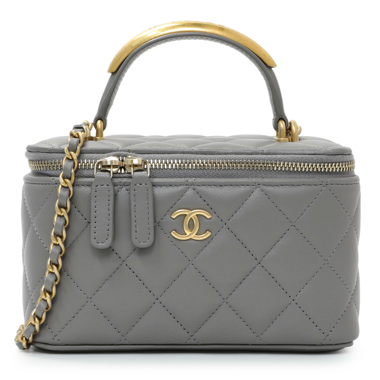 Chanel Grey Lambskin Quilted Small Top Handle Vanity Case With Chain Handbags Chanel