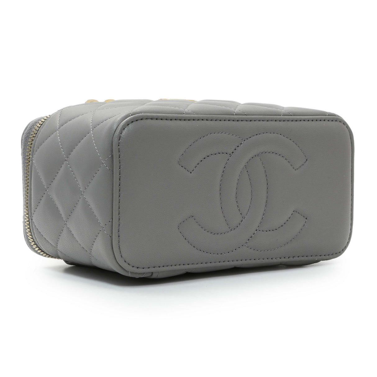 Chanel Grey Lambskin Quilted Small Top Handle Vanity Case With Chain Handbags Chanel