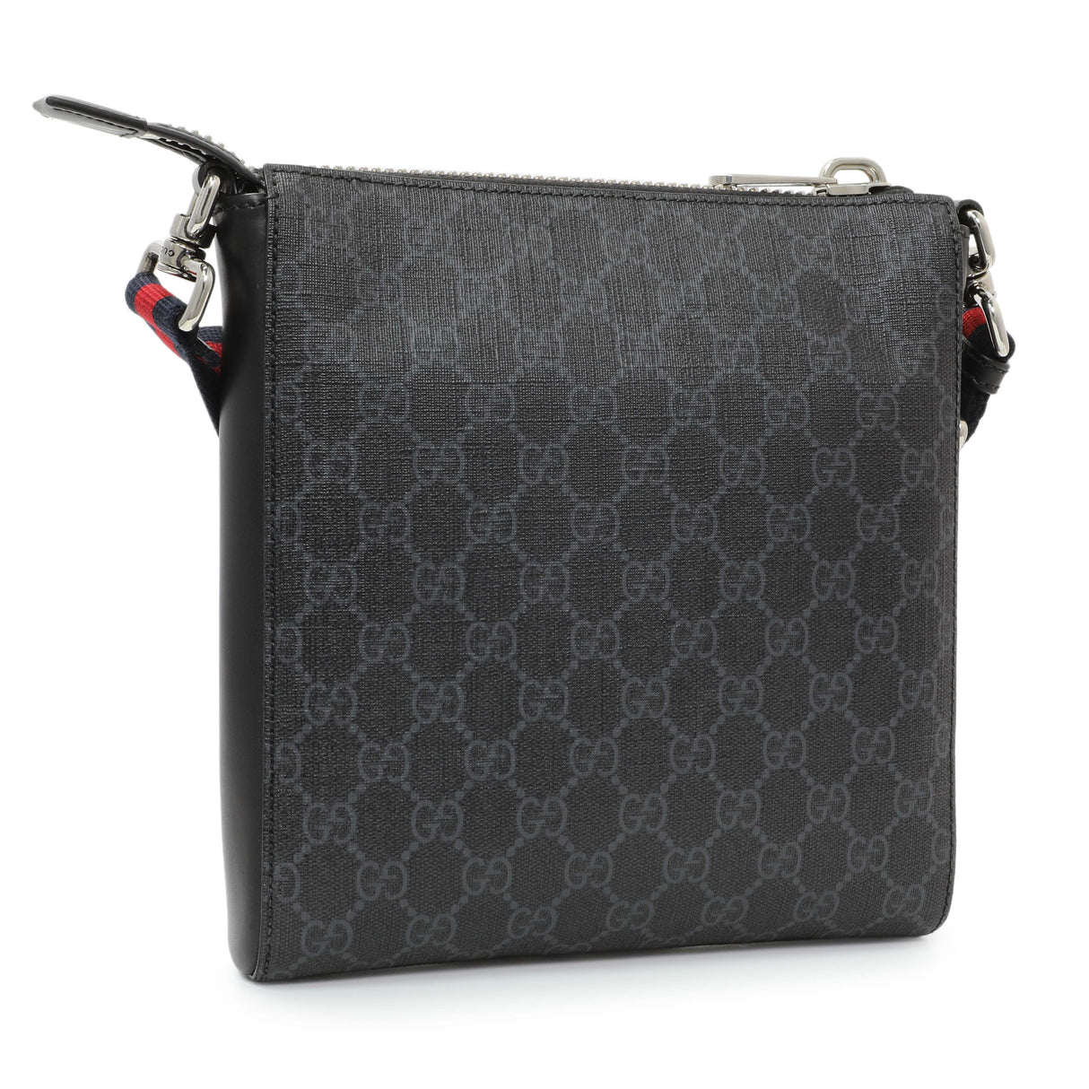 Gucci Black GG Supreme Monogram Web Small Flat Messenger Bag Handbags Gucci
