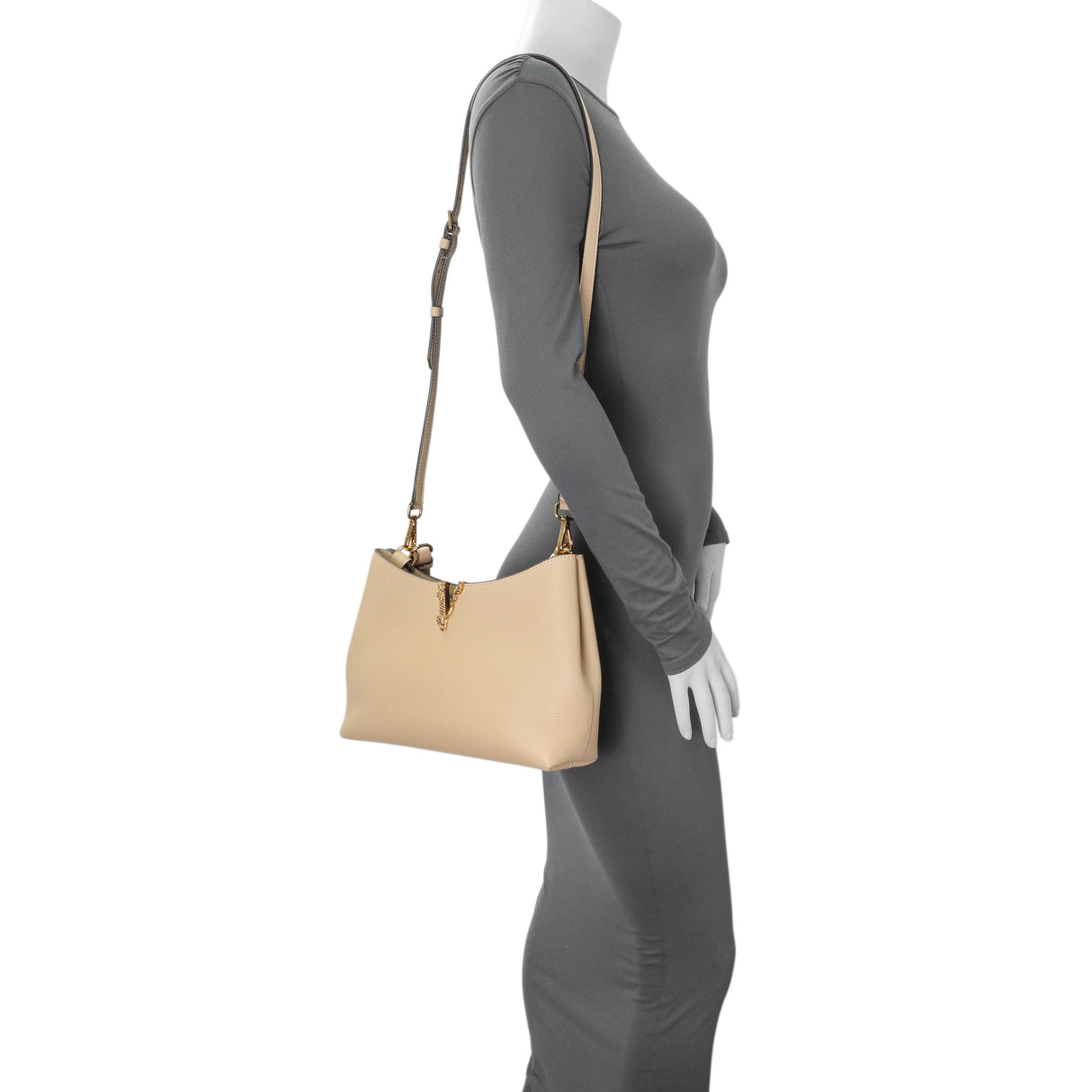 Versace Beige Grained Calfskin Virtus Hobo Handbags Versace