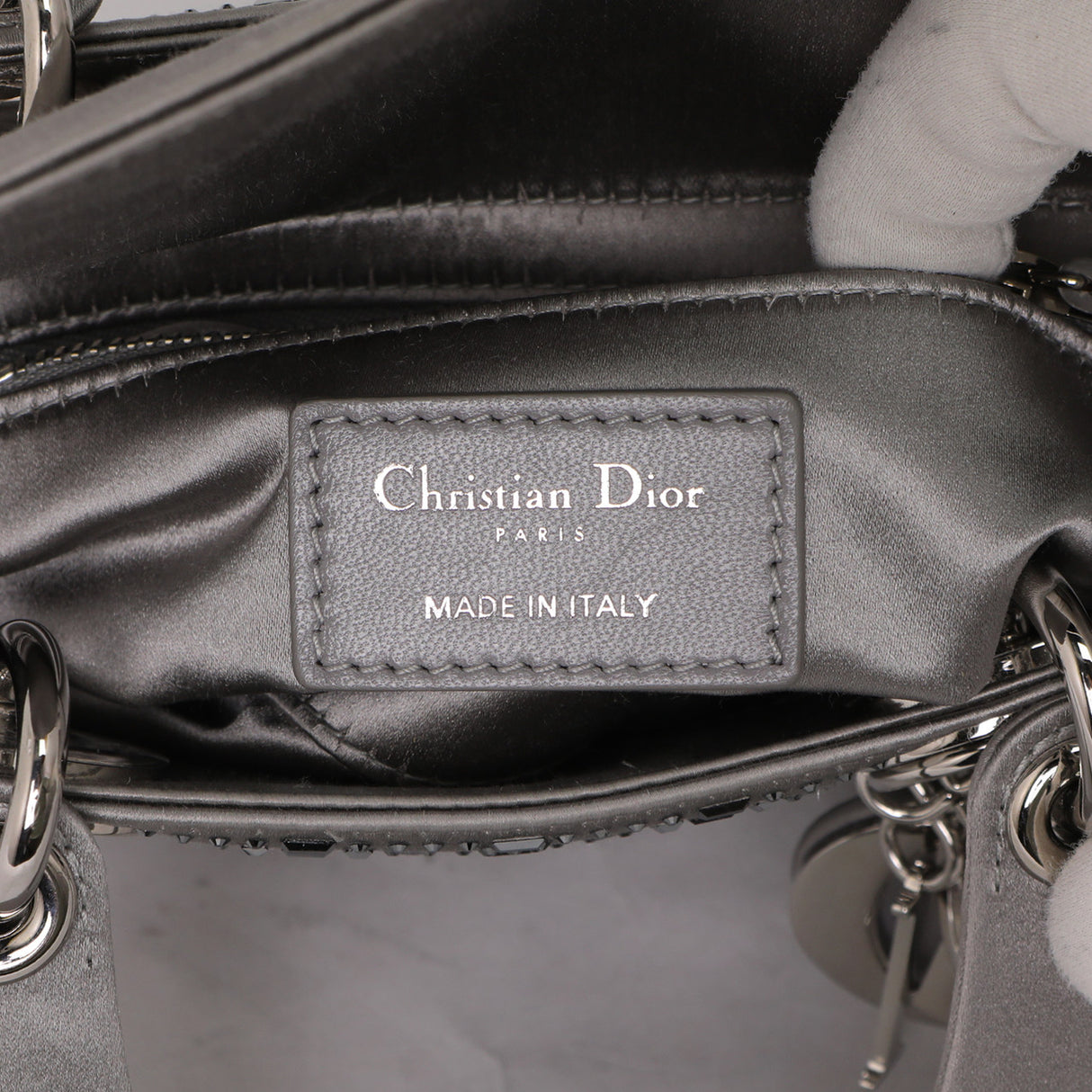 Christian Dior Grey Satin Crystal Cannage Mini Lady Dior Christian Dior