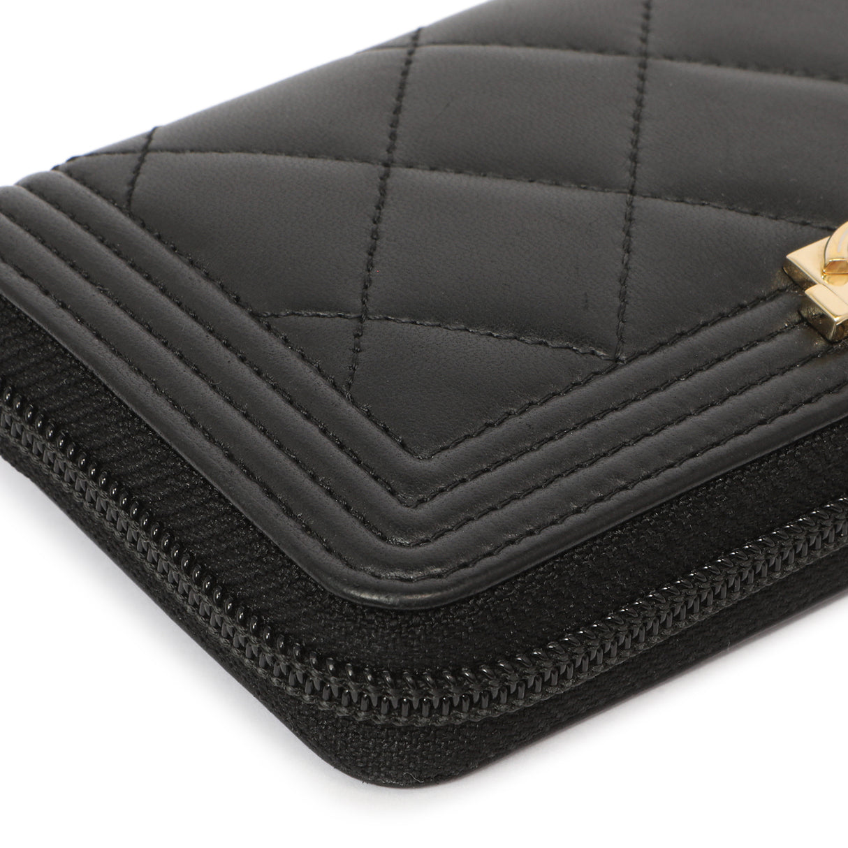 Chanel Black Quilted Lambskin Small Boy Zip Around Wallet Accessories Chanel