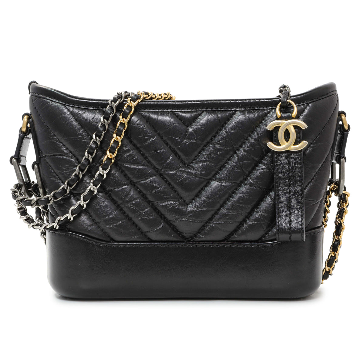 Chanel Black Aged Calfskin Chevron Quilted Small Gabrielle Hobo Handbags Chanel