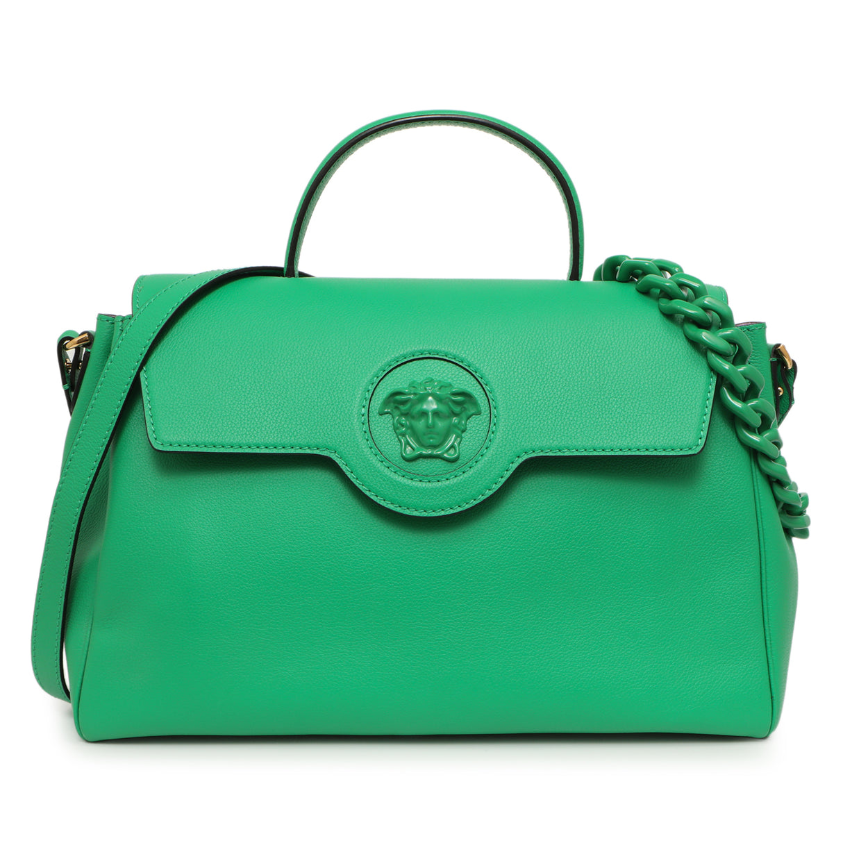 Versace Green Calfskin Large La Medusa Top Handle Handbags Versace