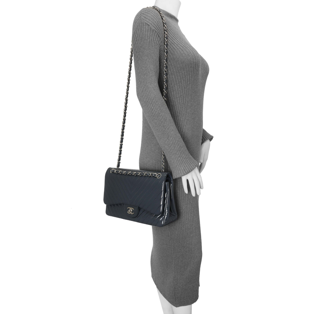 Chanel Blue Chevron Quilted Patent Jumbo Classic Double Flap Handbags Chanel