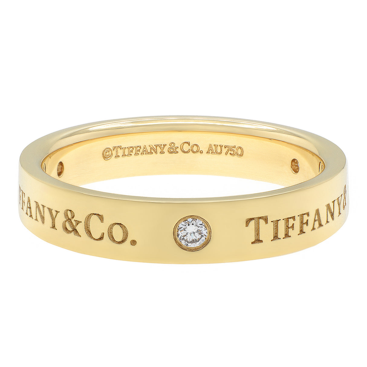 Tiffany & Co 18K Yellow Gold Diamond 4mm T&Co Band Ring Designer Jewellery Tiffany and Co