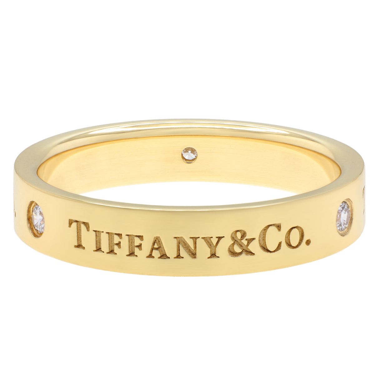 Tiffany & Co 18K Yellow Gold Diamond 4mm T&Co Band Ring Designer Jewellery Tiffany and Co