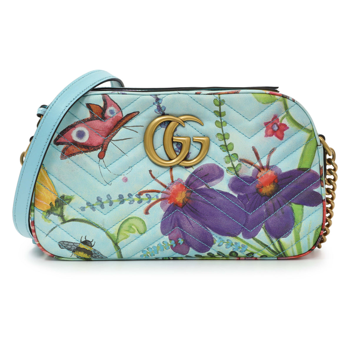 Gucci x Unskilled Worker Blue Calfskin Matelasse Flora Painted Small GG Marmont Chain Shoulder Bag Handbags Gucci