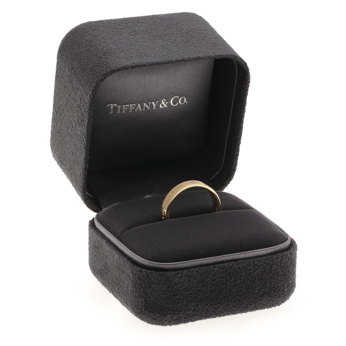 Tiffany & Co 18K Yellow Gold Diamond 4mm T&Co Band Ring Designer Jewellery Tiffany and Co