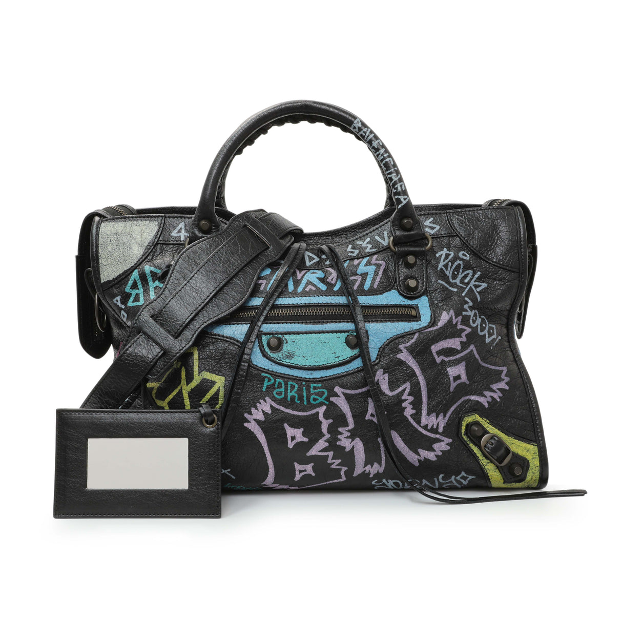 Balenciaga Black Agneau Graffiti All Over Classic Hardware City Handbags Balenciaga