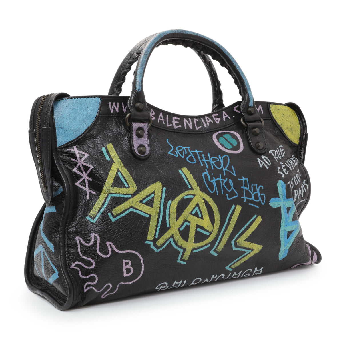 Balenciaga Black Agneau Graffiti All Over Classic Hardware City Handbags Balenciaga