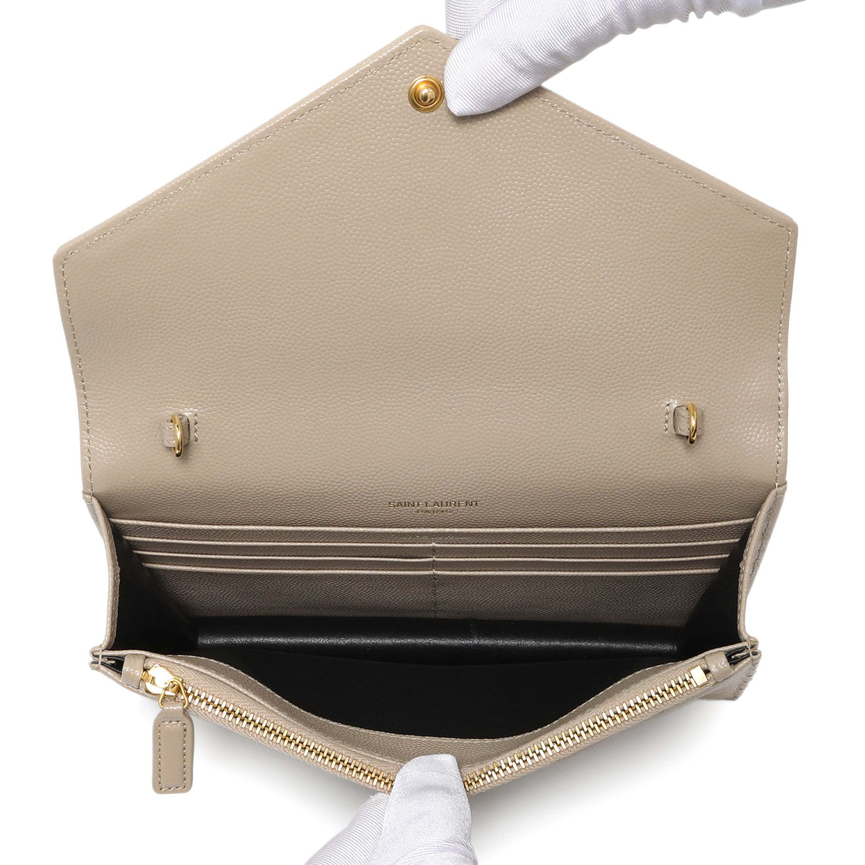 Saint Laurent Dark Beige Grain De Poudre Matelasse Chevron Monogram Envelope Chain Wallet Handbags Saint Laurent