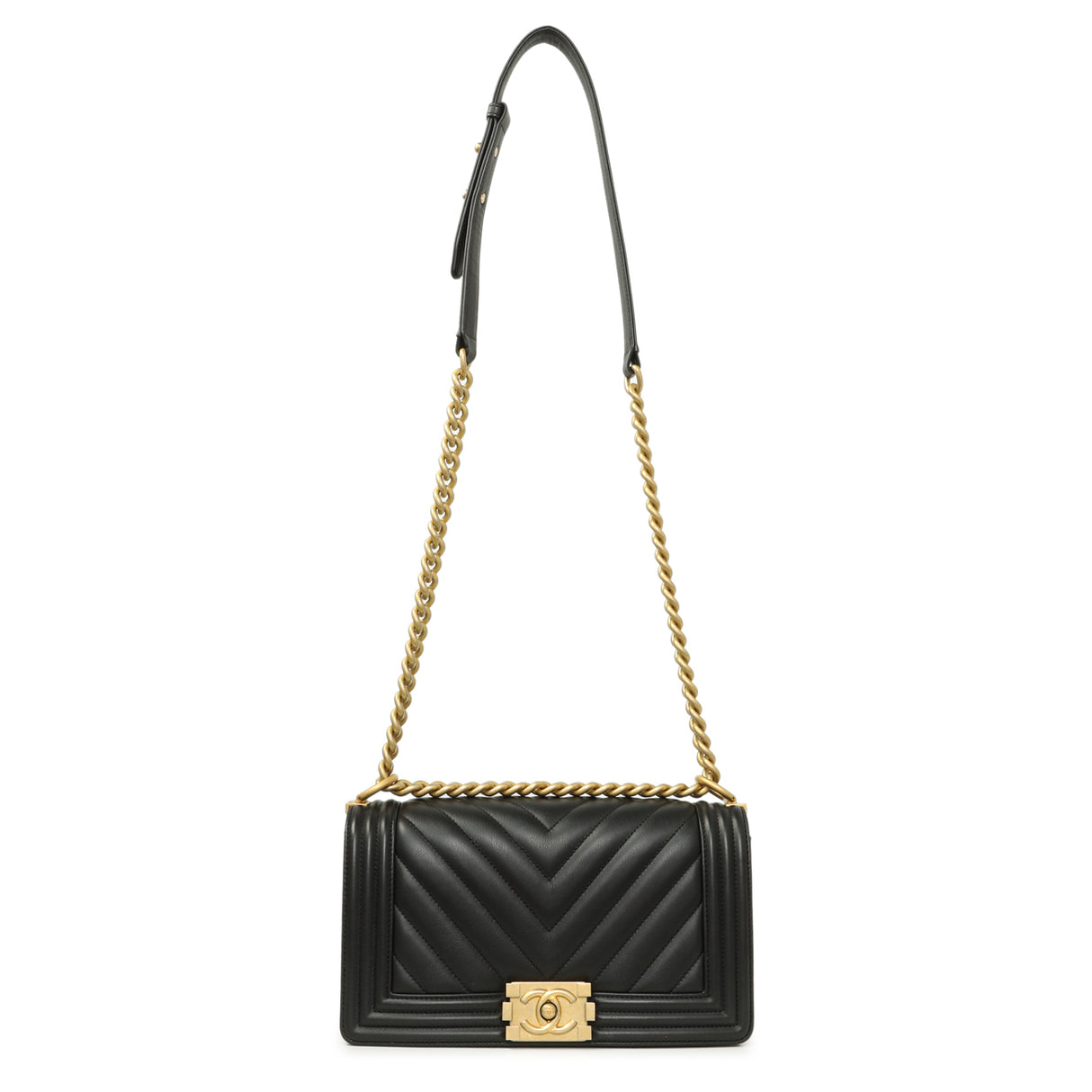 Chanel Black Calfskin Chevron Quilted Medium Boy Bag Handbags Chanel