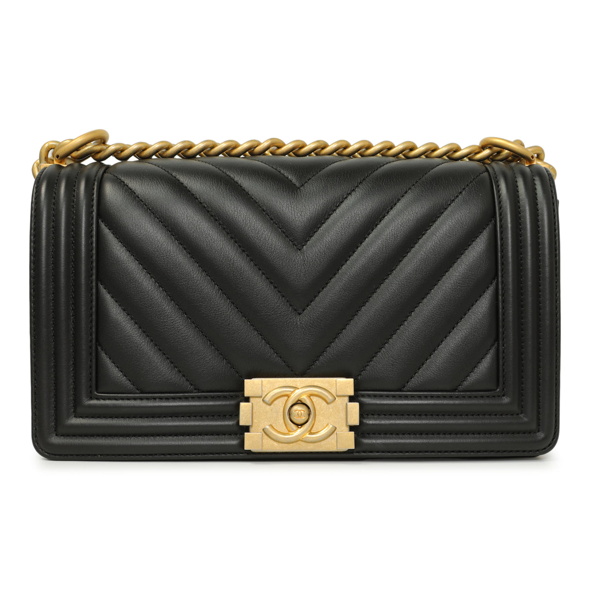 Chanel Black Calfskin Chevron Quilted Medium Boy Bag Handbags Chanel