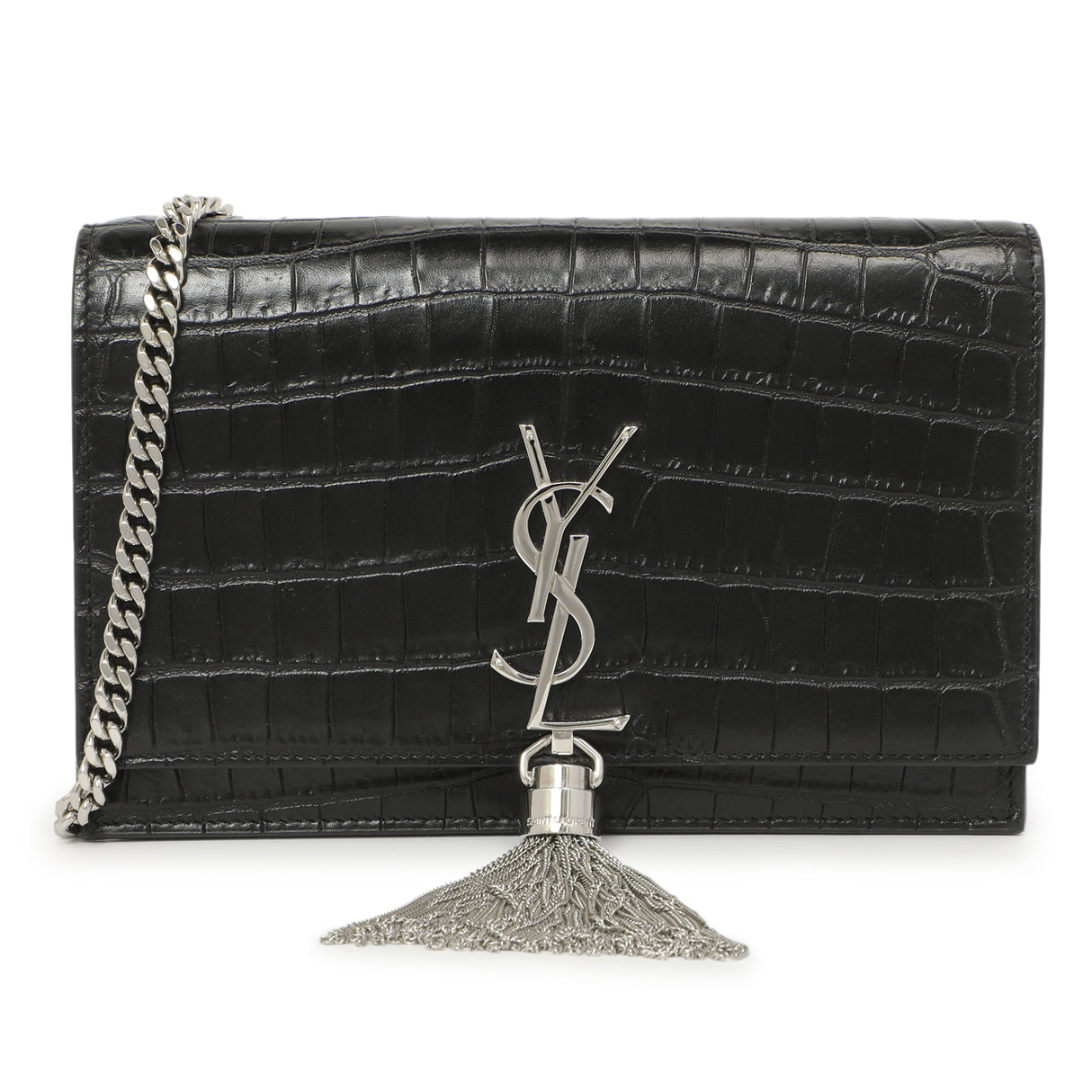 Saint Laurent Black Crocodile Embossed Calfskin Kate Monogram Tassel Chain Wallet Handbags Saint Laurent