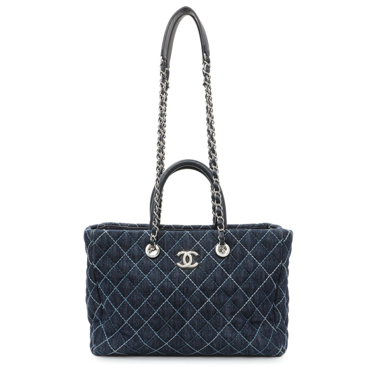 Chanel Blue Quilted Denim Coco Handle Shopping Tote Handbags Chanel