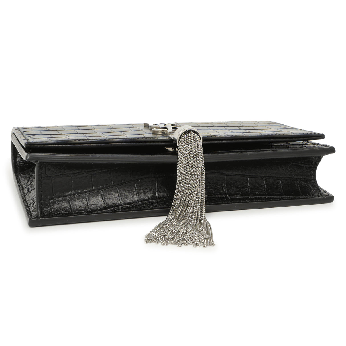 Saint Laurent Black Crocodile Embossed Calfskin Kate Monogram Tassel Chain Wallet Handbags Saint Laurent
