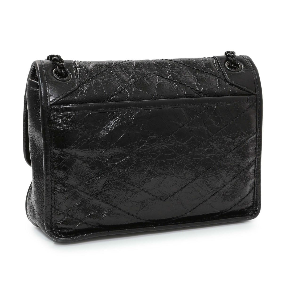 Saint Laurent Black Crinkled Calfskin Matelasse Monogram Baby Niki Chain Satchel Handbags Saint Laurent
