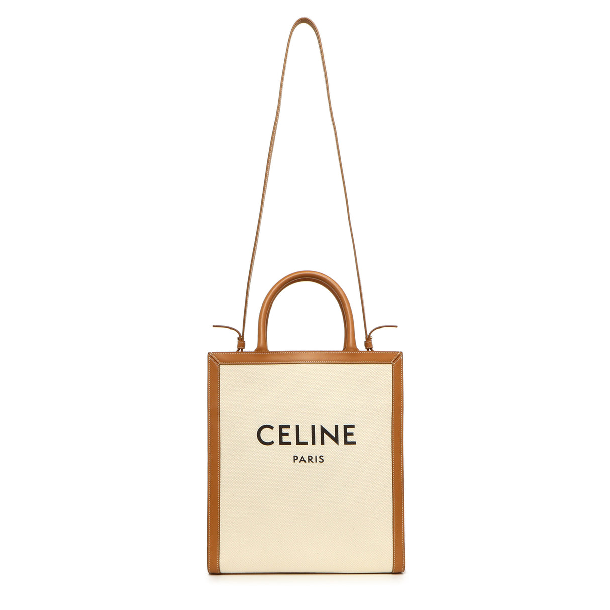 Celine Natural Tan Canvas Calfskin Logo Print Small Vertical Cabas Handbags Celine