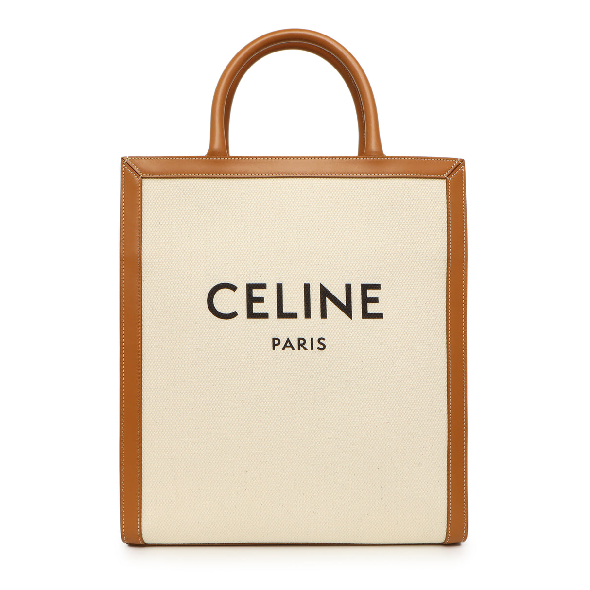Celine Natural Tan Canvas Calfskin Logo Print Small Vertical Cabas Handbags Celine