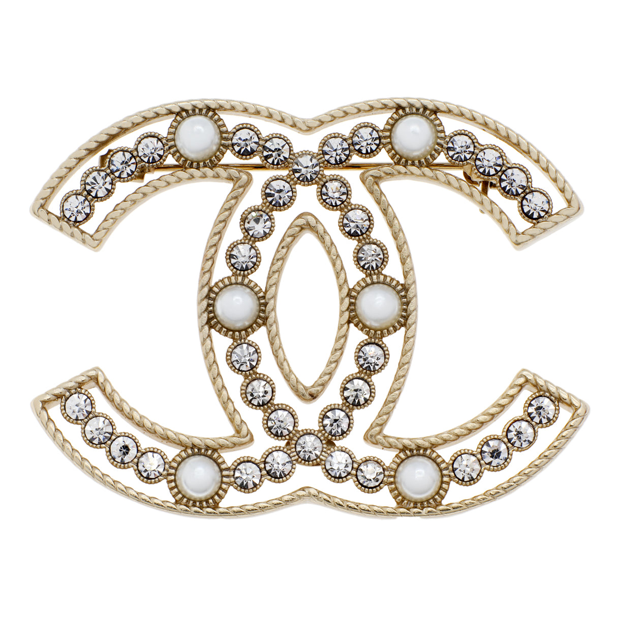Chanel Gold Pearl Crystal Sparkling Pearls CC Brooch Accessories Chanel