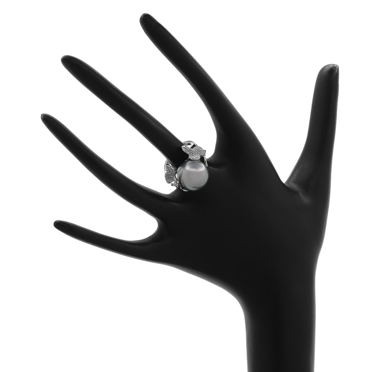 18K White Gold 14.1mm Tahitian Black Pearl Diamond Diamond Blossom Ring Fine Jewellery Modaselle