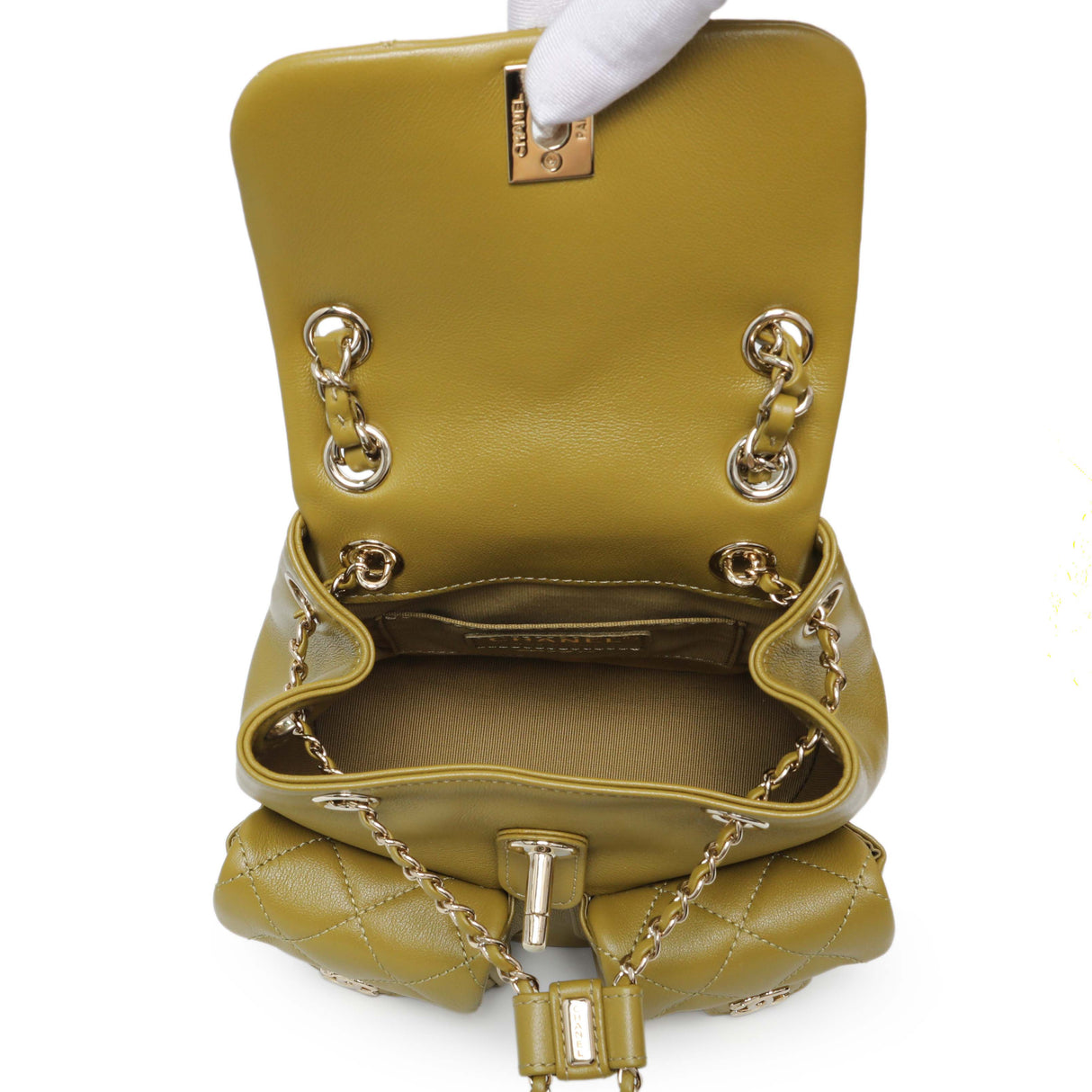 Chanel Olive Green Quilted Lambskin Small Duma Pockets Drawstring Backpack Handbags Chanel