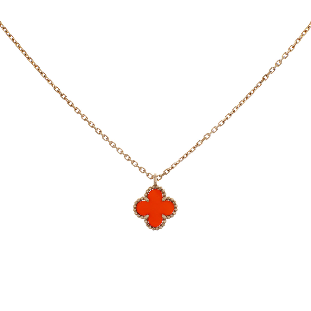 Van Cleef & Arpels 18K Rose Gold Carnelian Sweet Alhambra Pendant Designer Jewellery Van Cleef and Arpels