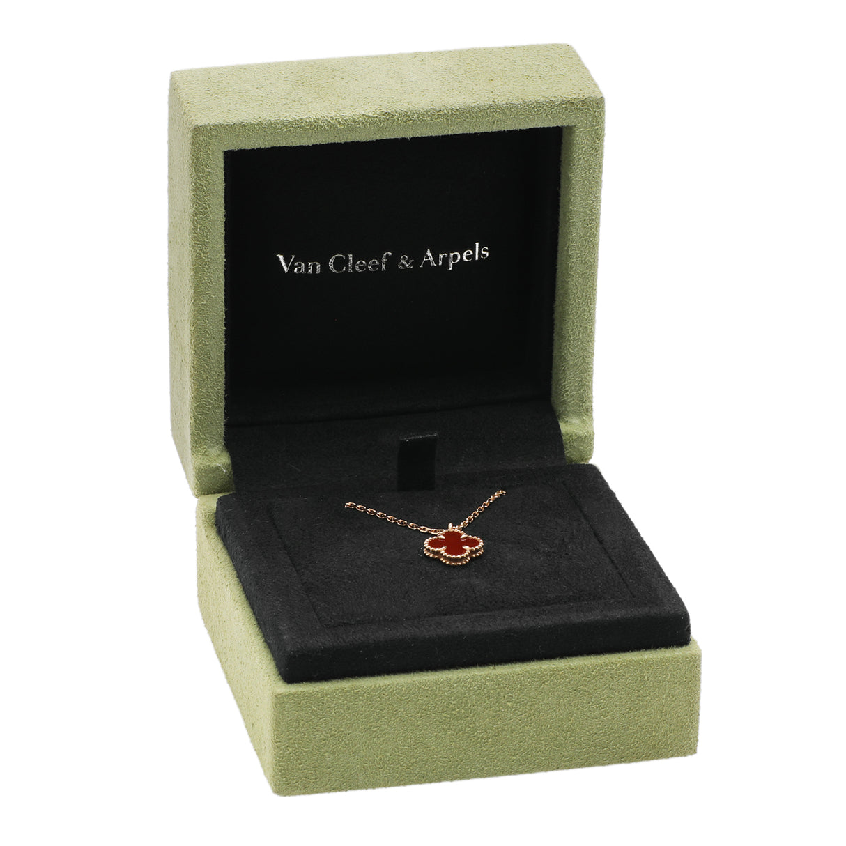 Van Cleef & Arpels 18K Rose Gold Carnelian Sweet Alhambra Pendant Designer Jewellery Van Cleef and Arpels