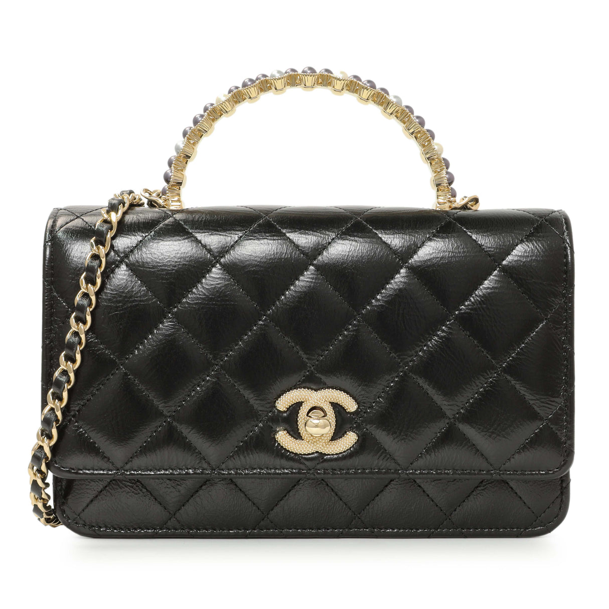 Chanel Black Quilted Crumpled Lambskin Pearl Top Handle Wallet on Chain WOC Handbags Chanel