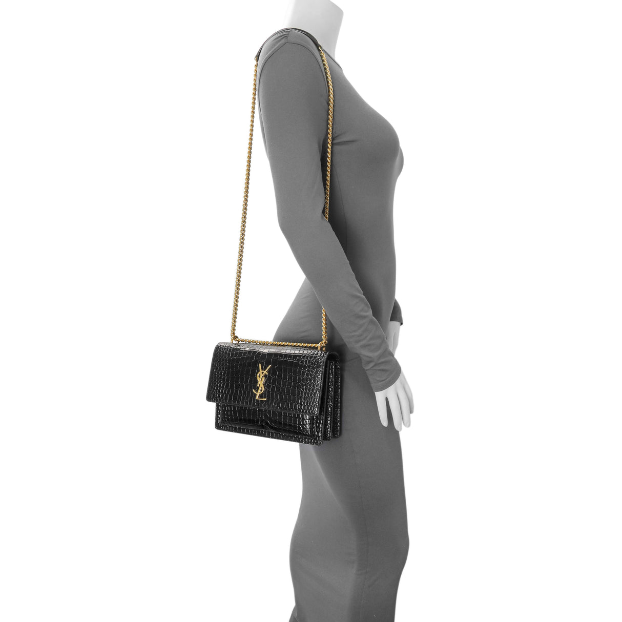 Saint Laurent Black Crocodile Embossed Calfskin Medium Monogram Sunset Handbags Saint Laurent