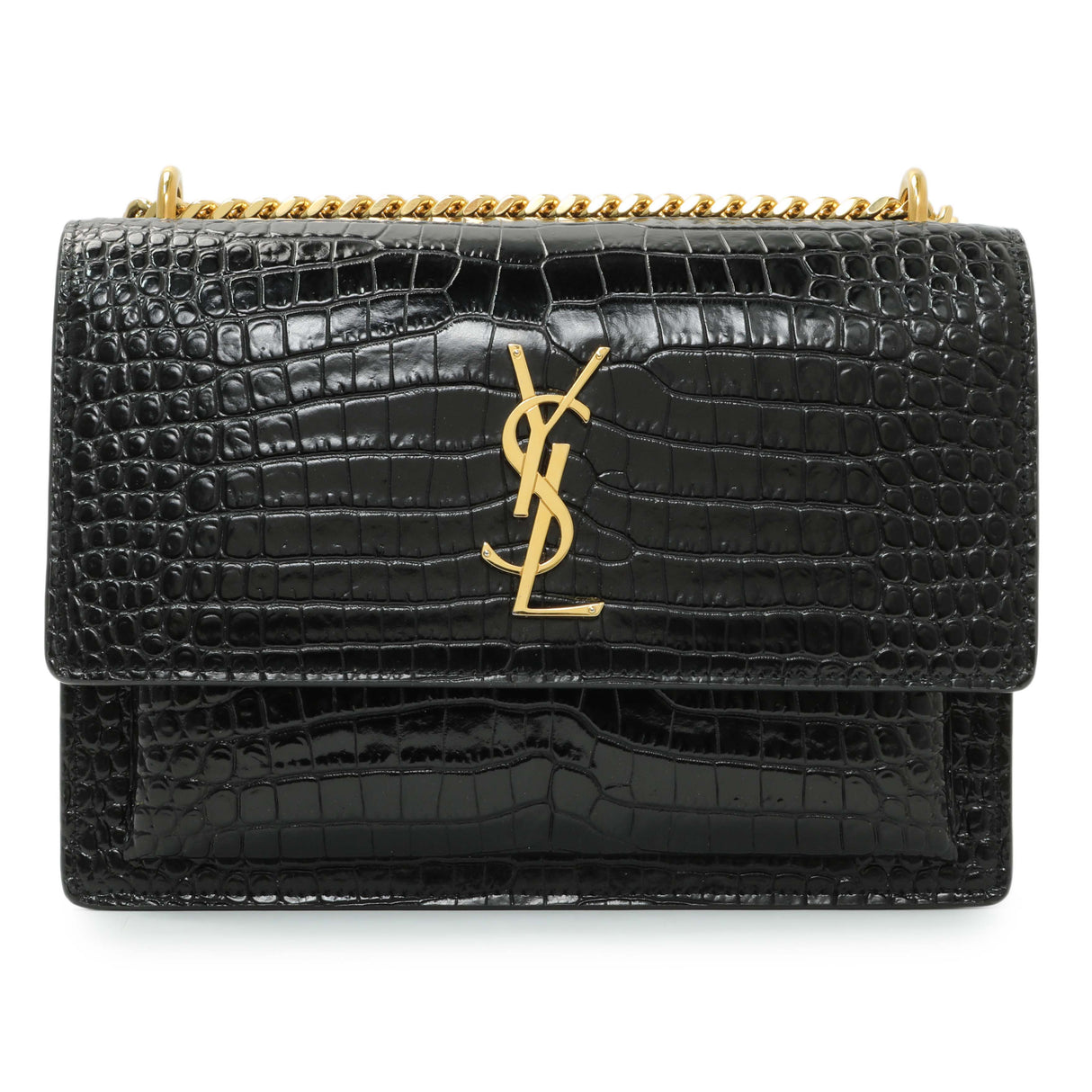 Saint Laurent Black Crocodile Embossed Calfskin Medium Monogram Sunset Handbags Saint Laurent