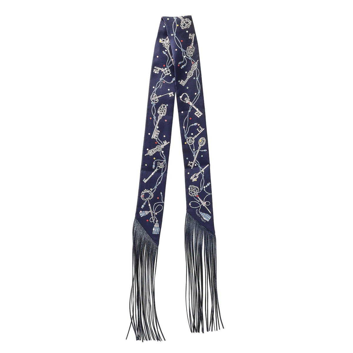 Hermes Bleu Marine Gris Argent Multicolor Silk Metallic Agneau Les Cles A Pois Fringed Twilly Accessories Hermes