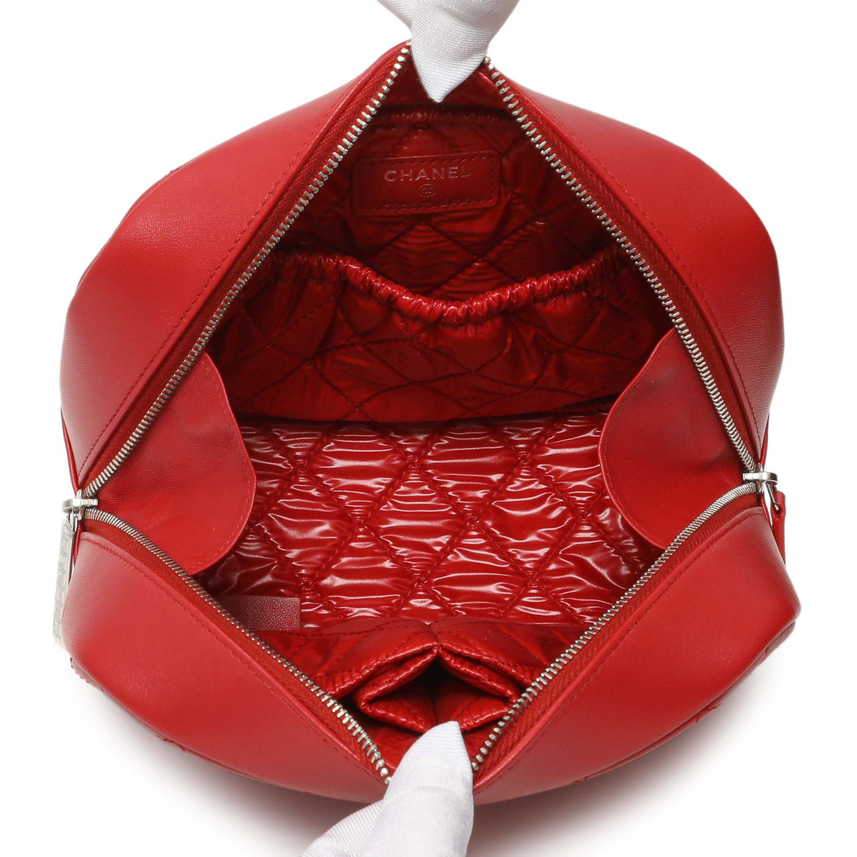 Chanel Red Quilted Lambskin Curvy Pouch Cosmetic Case Accessories Chanel