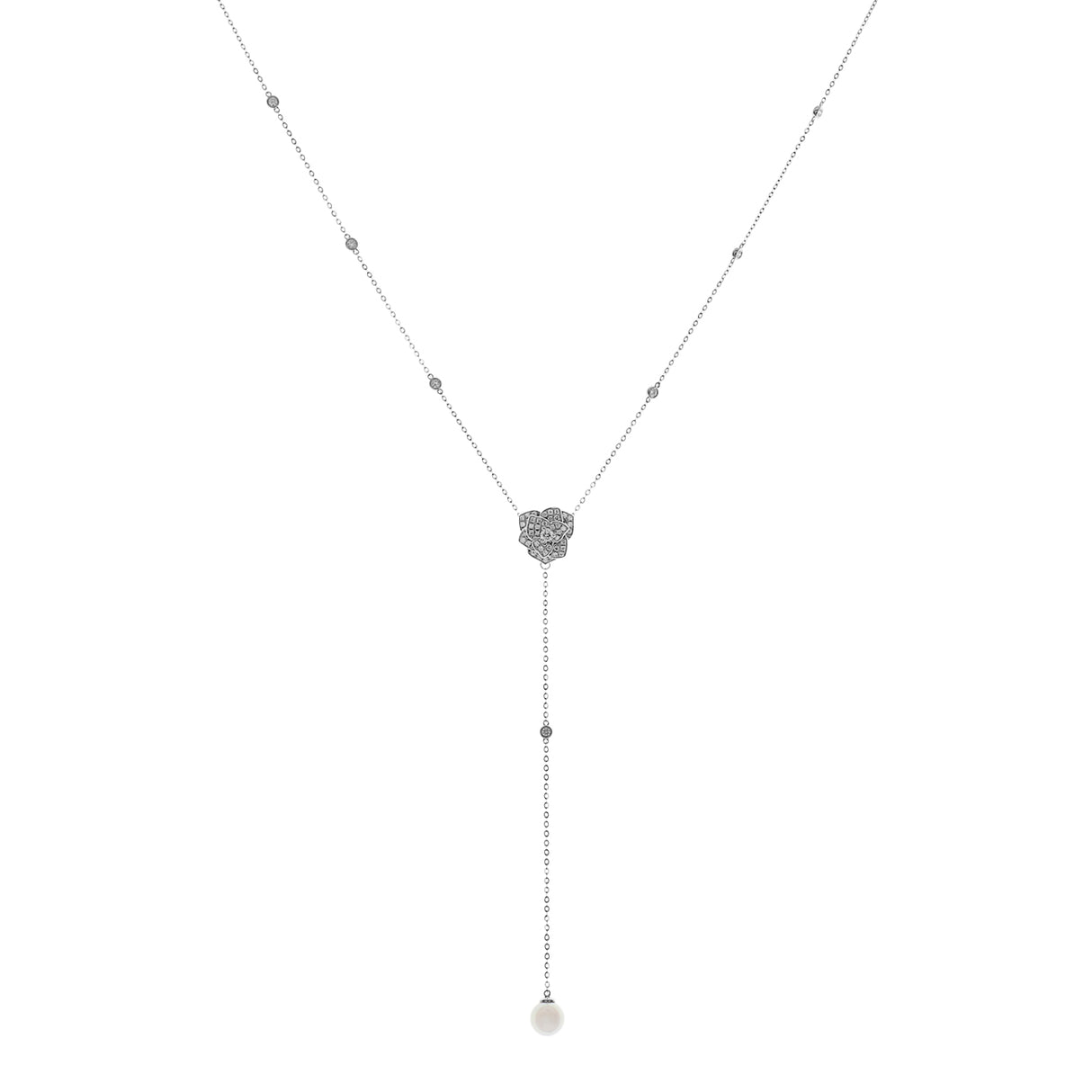 18K White Gold 8.9mm Pearl & Diamond Lariat Necklace Fine Jewellery Modaselle
