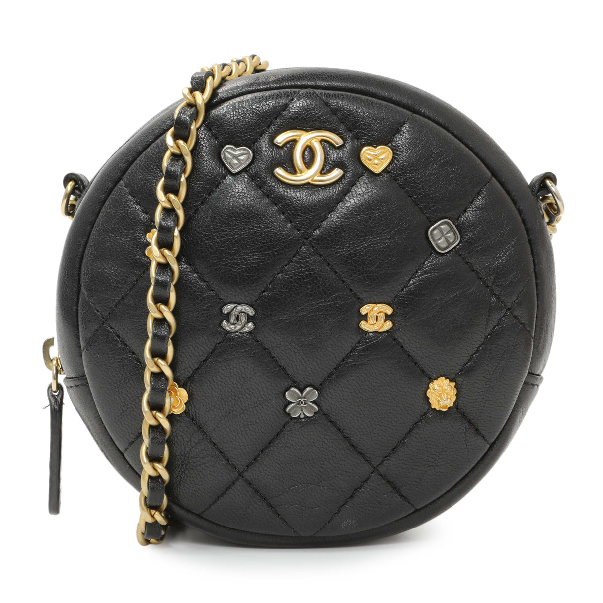 Chanel Black Lambskin Quilted Studded Round Clutch With Chain Handbags Chanel