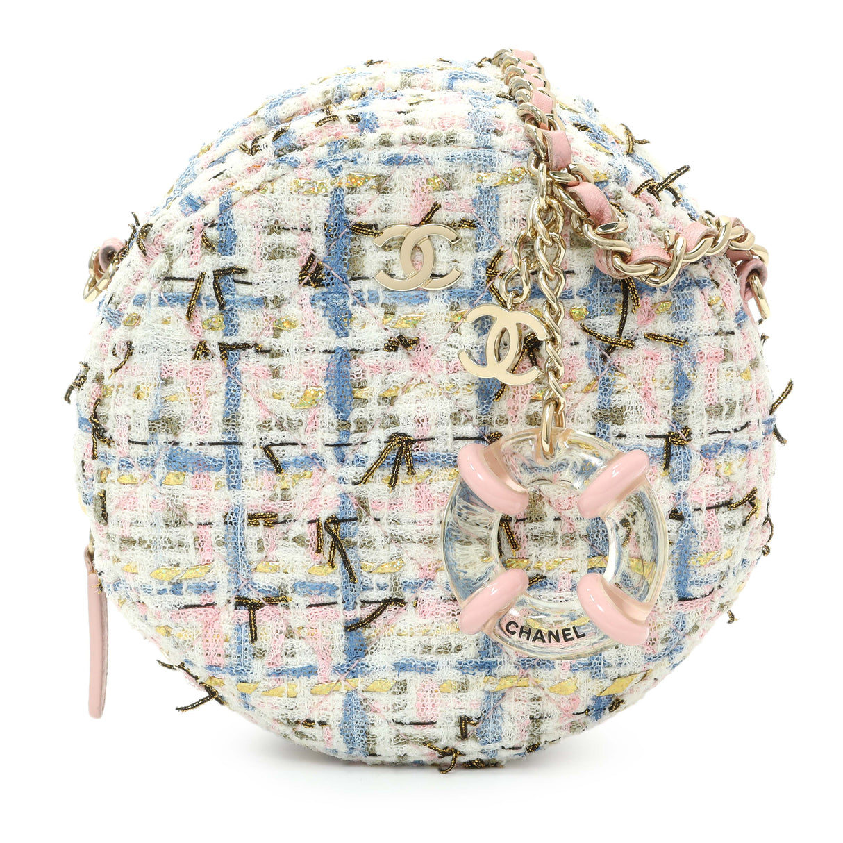 Chanel White Pink Multicolor Tweed Round Clutch Handbags Chanel