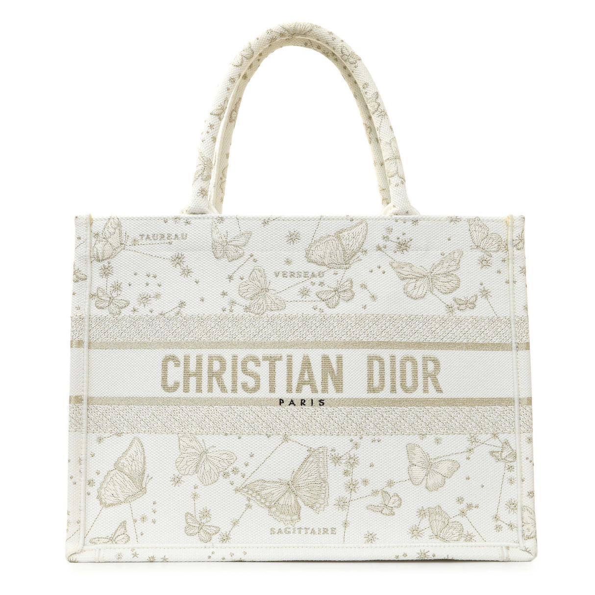 Christian Dior White Gold Canvas Embroidered Medium Zodiac Print Book Tote Handbags Christian Dior