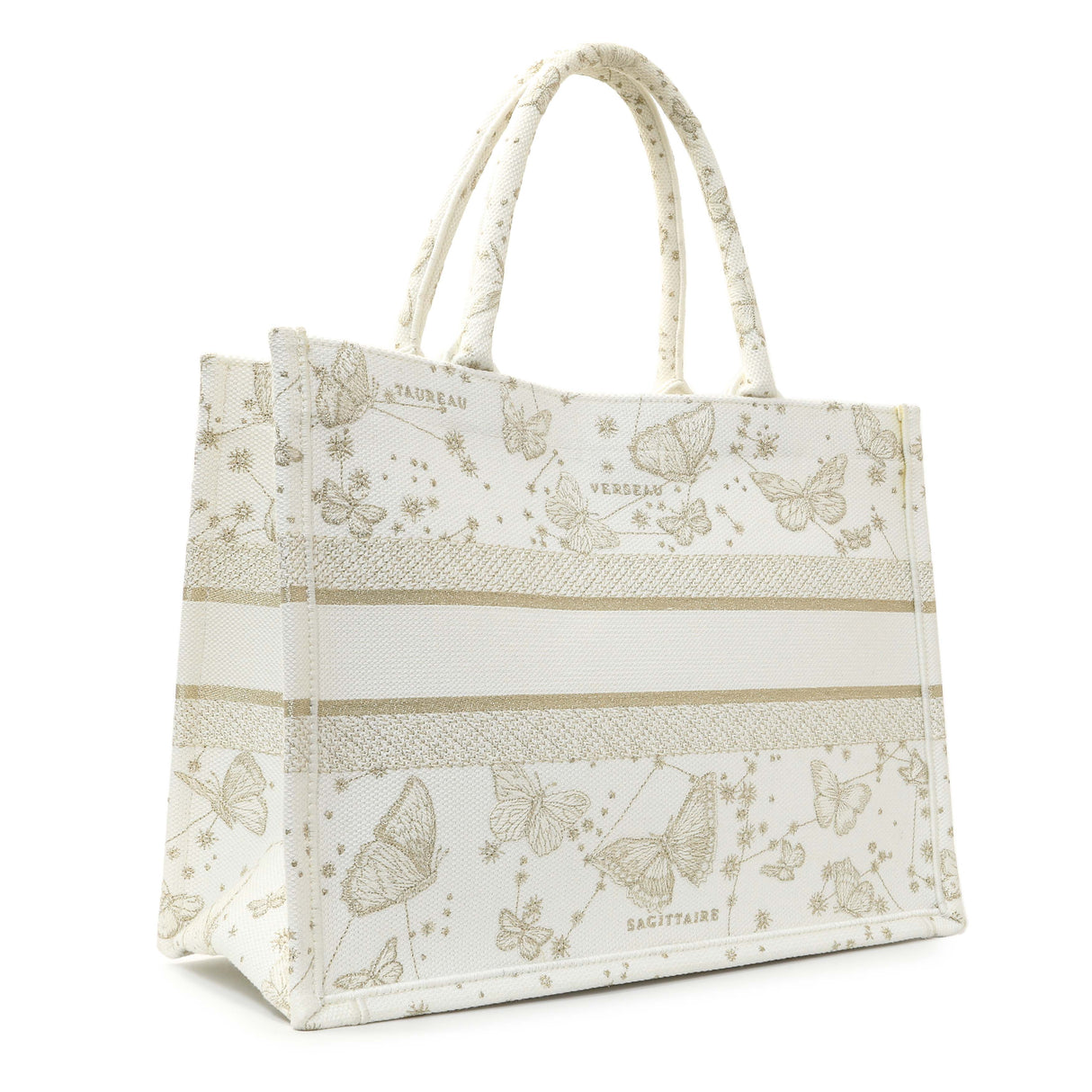 Christian Dior White Gold Canvas Embroidered Medium Zodiac Print Book Tote Handbags Christian Dior
