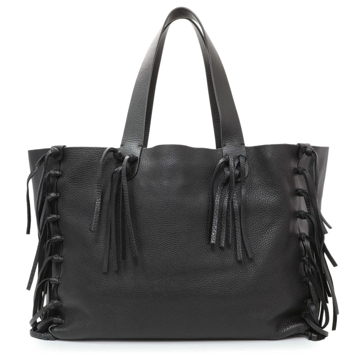 Valentino Black Grained Calfskin C-Rockee Fringe Tote Handbags Valentino
