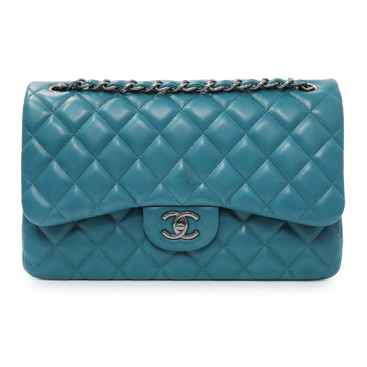 Chanel Teal Quilted Lambskin Jumbo Classic Double Flap Handbags Chanel