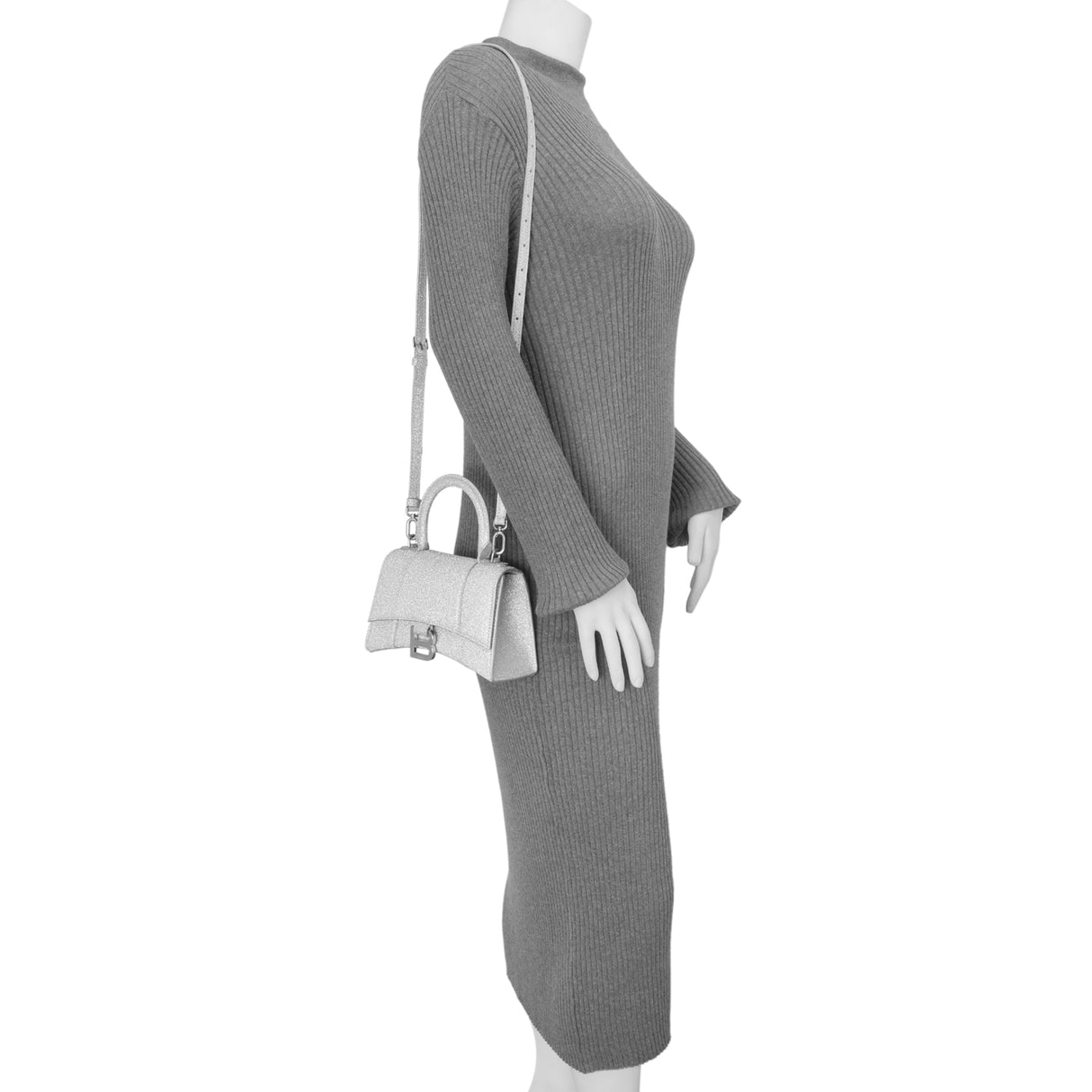 Balenciaga Silver Sparkling Fabric Hourglass Top Handle Bag XS Handbags Balenciaga