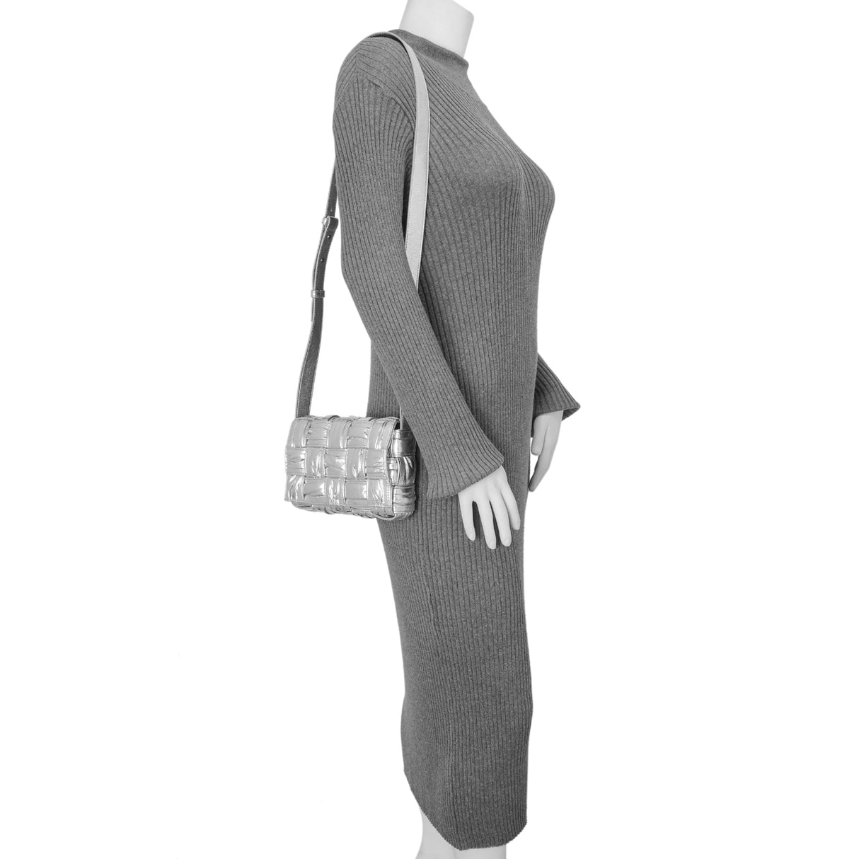 Bottega Veneta Metallic Silver Calfskin Intreccio Plisse Small Cassette Crossbody Bag Handbags Bottega Veneta