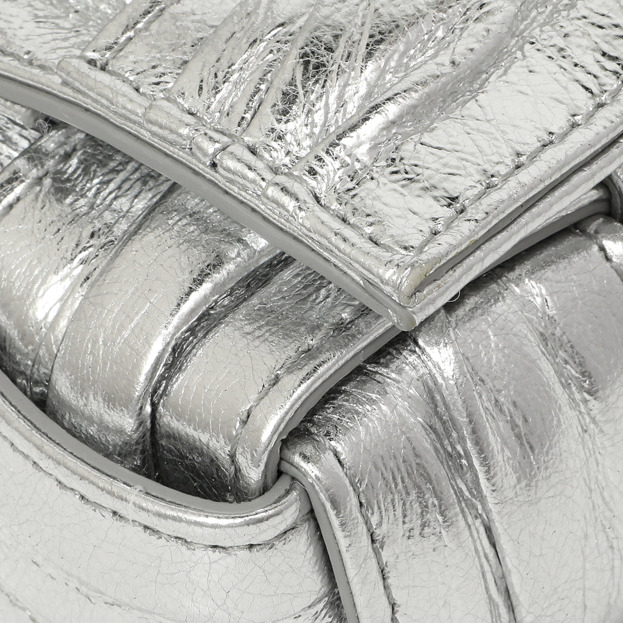 Bottega Veneta Metallic Silver Calfskin Intreccio Plisse Small Cassette Crossbody Bag Handbags Bottega Veneta