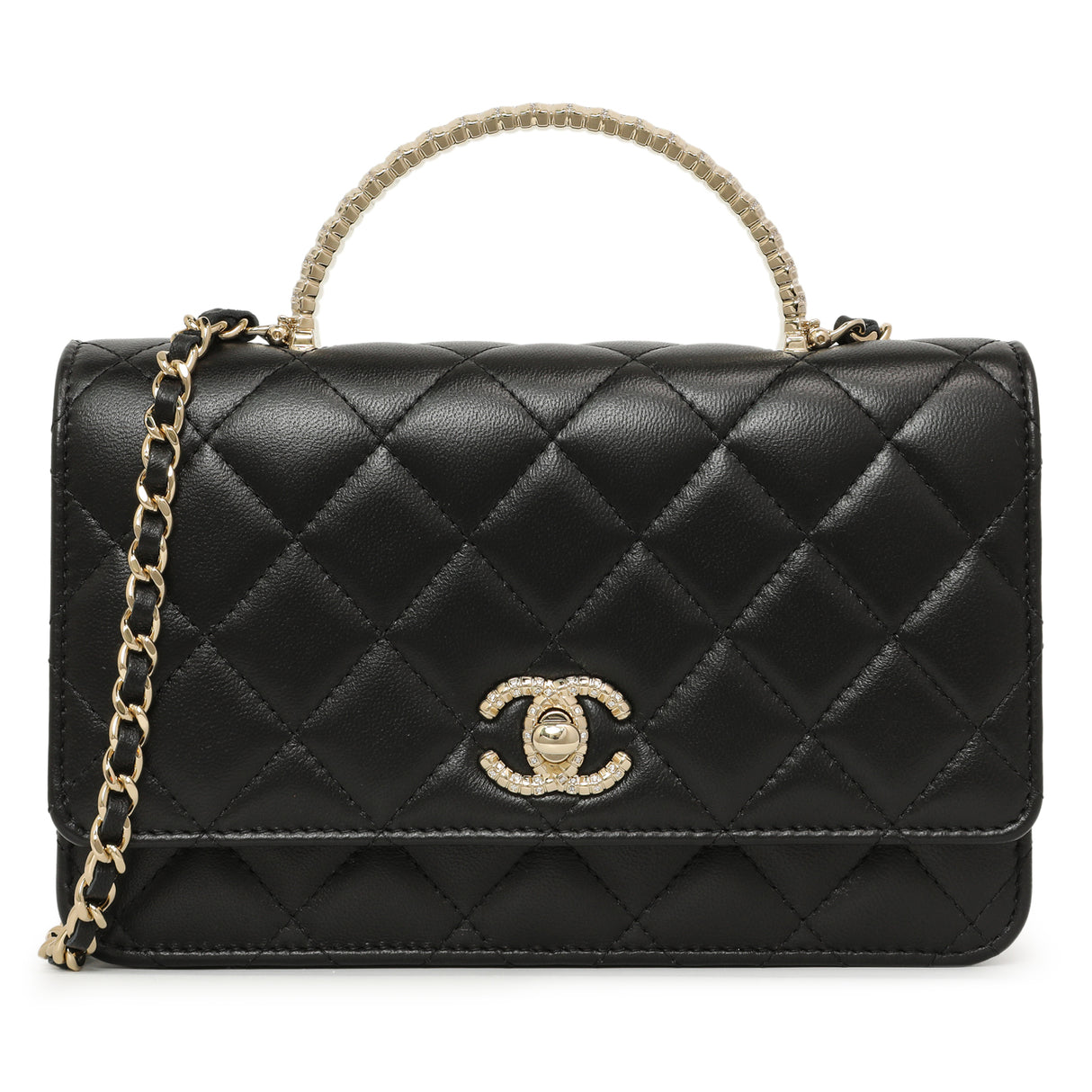 Chanel Black Quilted Lambskin Crystal Top Handle Wallet on Chain WOC Handbags Chanel